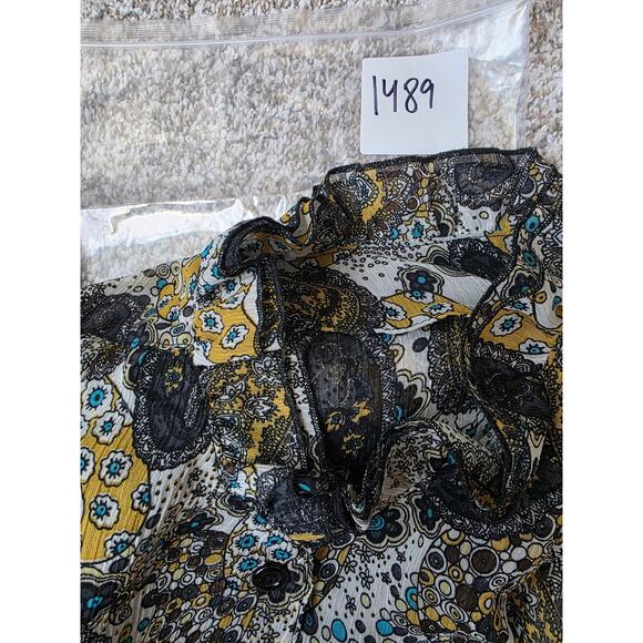 ST. HELENA Blue Yellow Floral Paisley 3/4 Sleeve Ruffle Neck Semi Sheer SZ L - Picture 9 of 9